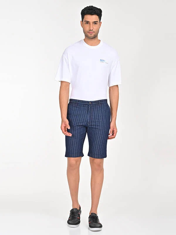 Indian Terrain Men's Slim Fit Striped Dark Blue Shorts